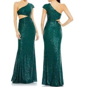 Mac Duggal 42022 Teal Green Sequined One Shoulder Cut Out Gown Maxi Size 8 New